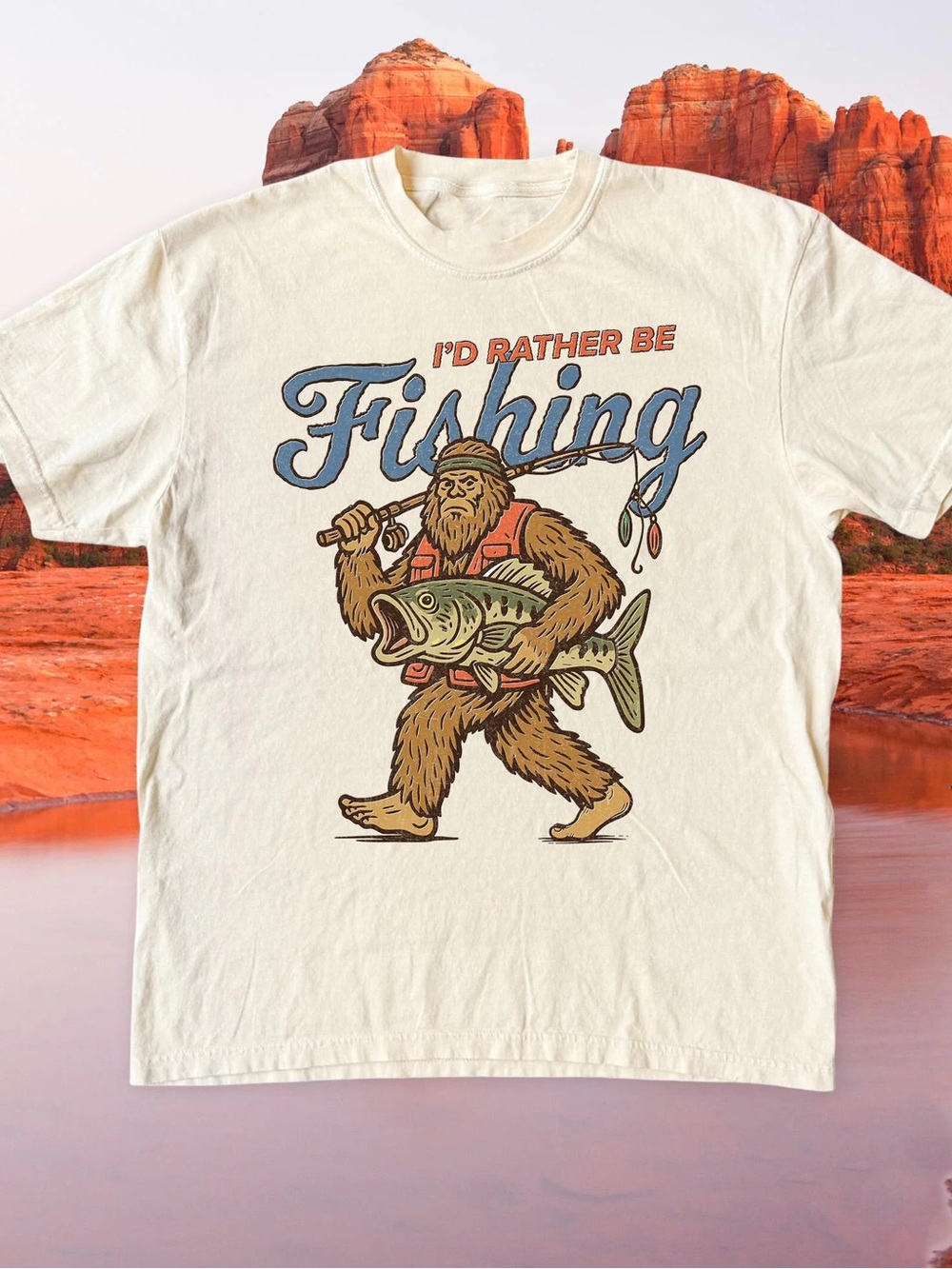 Bear Fish Shirt, I'd Rather Be Fishing Graphic T-Shirt - Off White Unisex